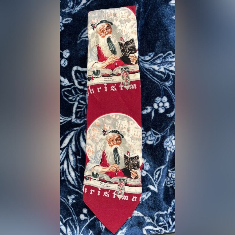 Vintage 1993 Norman Rockwell Christmas Necktie artwork "Santa at His Desk"
